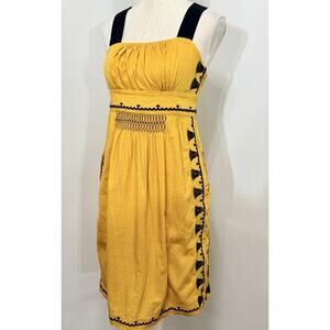 Floreat ANTHROPOLOGIE Sundress Yellow Sleeveless Black Embroidery Boho Size 2